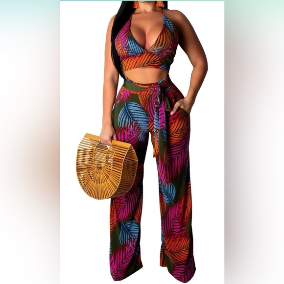 Tropical Leaf Print Wide-Leg Pants | Vacation Beach Lounge - Picture 1 of 7